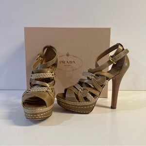 *NWT Prada Sandals Platform Heels Braided Slingback Tan Leather Size 371/2 US 7